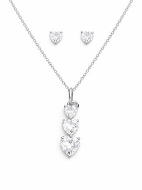 Triple Heart Pendant Necklace and Stud Earrings • Silver • NEW IN BOX